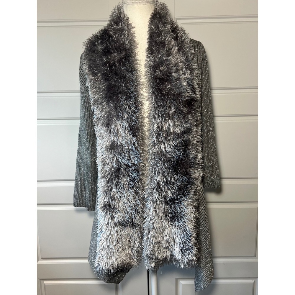 Lauren Michelle‎ Gray Shimmer Metallic Ribbed Cardigan Faux Fur Trim Large